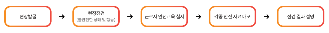 현장발굴 → 현장점검(불안전한 상태 및 행동) → 근로자 안전교육 실시 → 각종 안전 자료 배포 → 점검 결과 설명